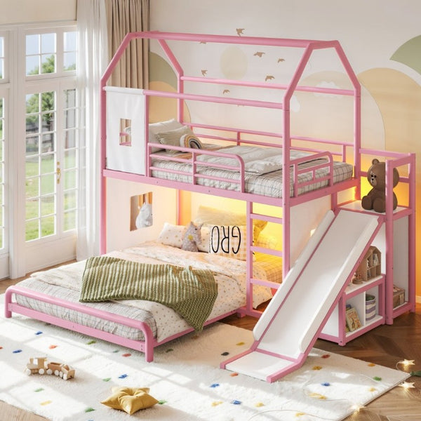 English Elm Twin Over Full Metal Playhouse Bunk Bed with Slide LED Strip and Privacy Curtain Pink W5305S00277