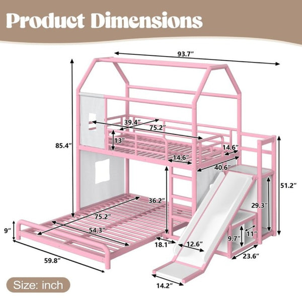 English Elm Twin Over Full Metal Playhouse Bunk Bed with Slide LED Strip and Privacy Curtain Pink W5305S00277