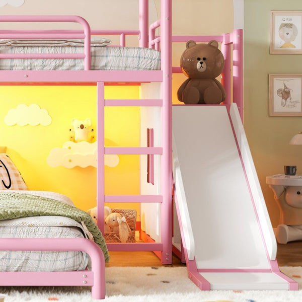 English Elm Twin Over Full Metal Playhouse Bunk Bed with Slide LED Strip and Privacy Curtain Pink W5305S00277