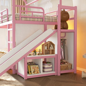 English Elm Twin Over Full Metal Playhouse Bunk Bed with Slide LED Strip and Privacy Curtain Pink W5305S00277