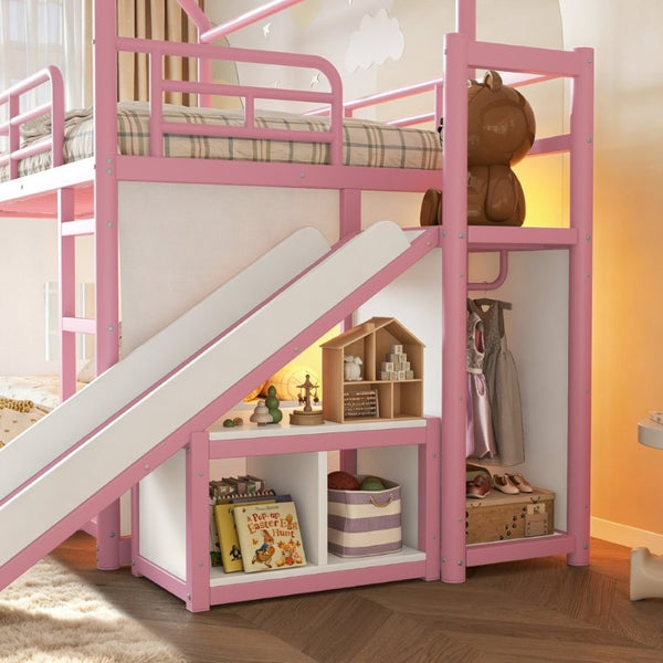 English Elm Twin Over Full Metal Playhouse Bunk Bed with Slide LED Strip and Privacy Curtain Pink W5305S00277