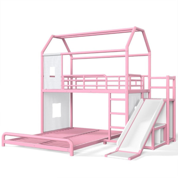 English Elm Twin Over Full Metal Playhouse Bunk Bed with Slide LED Strip and Privacy Curtain Pink W5305S00277