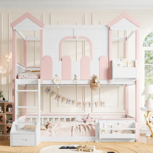 English Elm Full House Shaped Kids Loft Bed Solid Wood Frame with Cabinet Stairs and Shelves Pink,White MDF,Pine,Plywood W5305S00288