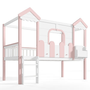 English Elm Full House Shaped Kids Loft Bed Solid Wood Frame with Cabinet Stairs and Shelves Pink,White MDF,Pine,Plywood W5305S00288