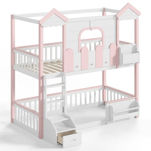 English Elm Full House Shaped Kids Loft Bed Solid Wood Frame with Cabinet Stairs and Shelves Pink,White MDF,Pine,Plywood W5305S00288
