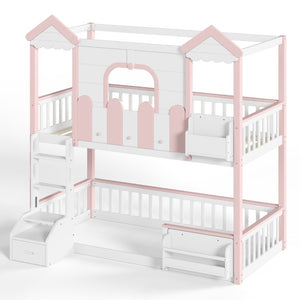 English Elm Full House Shaped Kids Loft Bed Solid Wood Frame with Cabinet Stairs and Shelves Pink,White MDF,Pine,Plywood W5305S00288