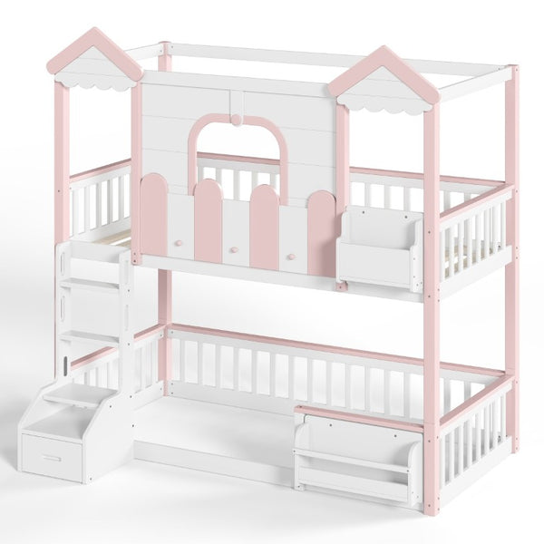 English Elm Full House Shaped Kids Loft Bed Solid Wood Frame with Cabinet Stairs and Shelves Pink,White MDF,Pine,Plywood W5305S00288