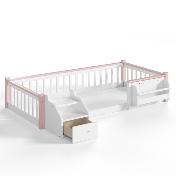 English Elm Full House Shaped Kids Loft Bed Solid Wood Frame with Cabinet Stairs and Shelves Pink,White MDF,Pine,Plywood W5305S00288