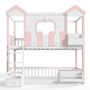 English Elm Full House Shaped Kids Loft Bed Solid Wood Frame with Cabinet Stairs and Shelves Pink,White MDF,Pine,Plywood W5305S00288