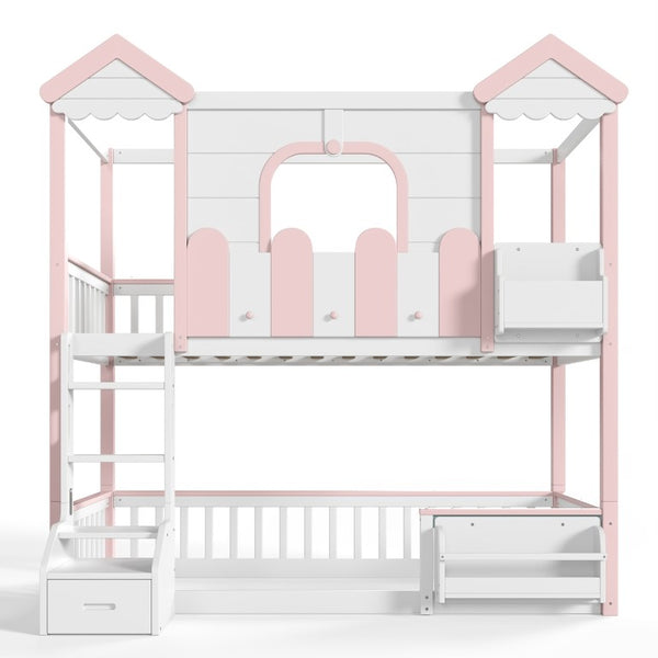 English Elm Full House Shaped Kids Loft Bed Solid Wood Frame with Cabinet Stairs and Shelves Pink,White MDF,Pine,Plywood W5305S00288