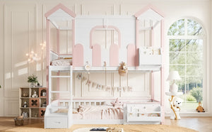 English Elm Full House Shaped Kids Loft Bed Solid Wood Frame with Cabinet Stairs and Shelves Pink,White MDF,Pine,Plywood W5305S00288