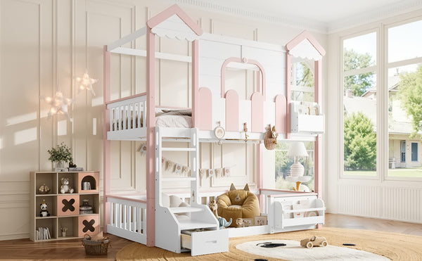 English Elm Full House Shaped Kids Loft Bed Solid Wood Frame with Cabinet Stairs and Shelves Pink,White MDF,Pine,Plywood W5305S00288