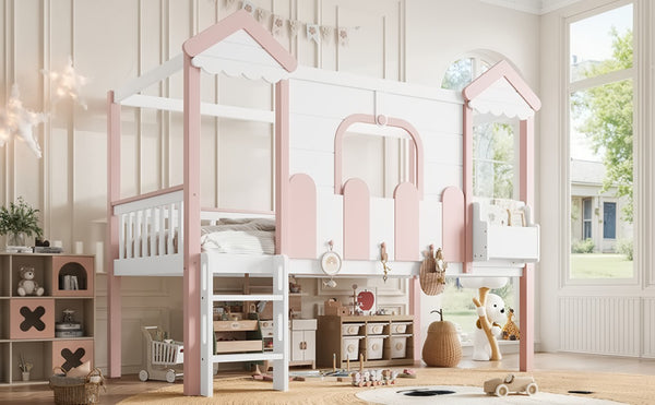English Elm Full House Shaped Kids Loft Bed Solid Wood Frame with Cabinet Stairs and Shelves Pink,White MDF,Pine,Plywood W5305S00288
