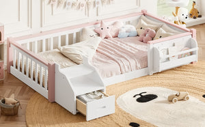 English Elm Full House Shaped Kids Loft Bed Solid Wood Frame with Cabinet Stairs and Shelves Pink,White MDF,Pine,Plywood W5305S00288
