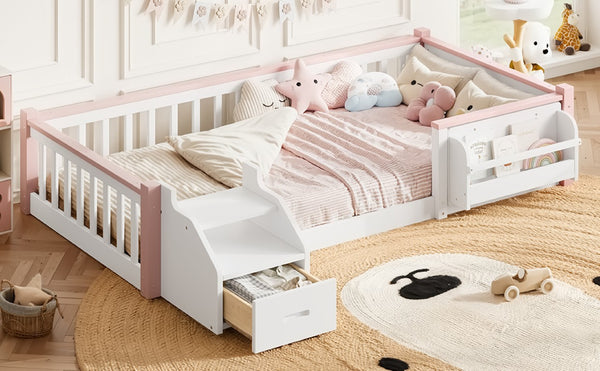 English Elm Full House Shaped Kids Loft Bed Solid Wood Frame with Cabinet Stairs and Shelves Pink,White MDF,Pine,Plywood W5305S00288