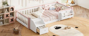 English Elm Full House Shaped Kids Loft Bed Solid Wood Frame with Cabinet Stairs and Shelves Pink,White MDF,Pine,Plywood W5305S00288