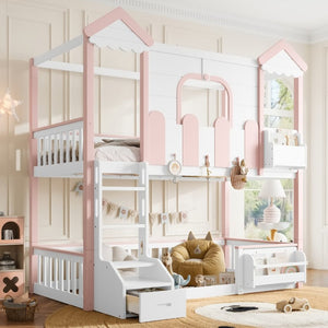 English Elm Full House Shaped Kids Loft Bed Solid Wood Frame with Cabinet Stairs and Shelves Pink,White MDF,Pine,Plywood W5305S00288