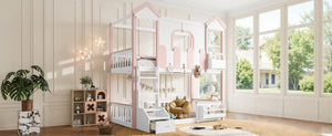 English Elm Full House Shaped Kids Loft Bed Solid Wood Frame with Cabinet Stairs and Shelves Pink,White MDF,Pine,Plywood W5305S00288