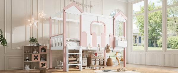 English Elm Full House Shaped Kids Loft Bed Solid Wood Frame with Cabinet Stairs and Shelves Pink,White MDF,Pine,Plywood W5305S00288