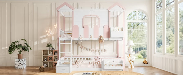 English Elm Full House Shaped Kids Loft Bed Solid Wood Frame with Cabinet Stairs and Shelves Pink,White MDF,Pine,Plywood W5305S00288