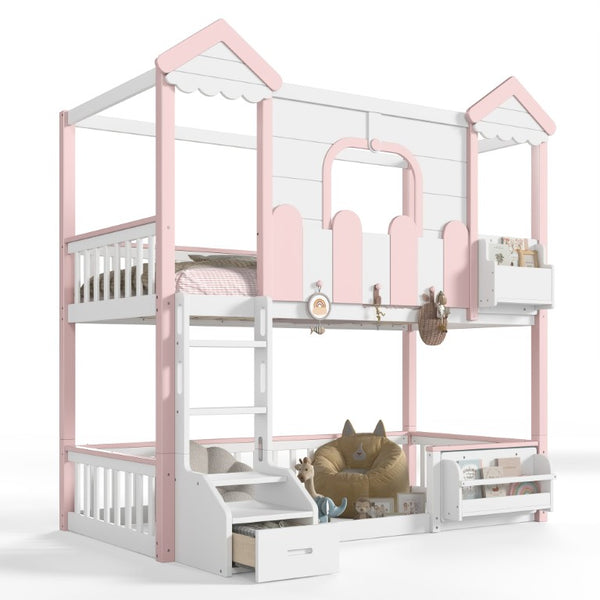 English Elm Full House Shaped Kids Loft Bed Solid Wood Frame with Cabinet Stairs and Shelves Pink,White MDF,Pine,Plywood W5305S00288