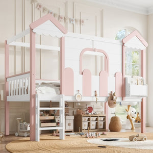 English Elm Full House Shaped Kids Loft Bed Solid Wood Frame with Cabinet Stairs and Shelves Pink,White MDF,Pine,Plywood W5305S00288