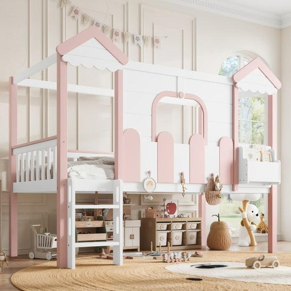 English Elm Full House Shaped Kids Loft Bed Solid Wood Frame with Cabinet Stairs and Shelves Pink,White MDF,Pine,Plywood W5305S00288