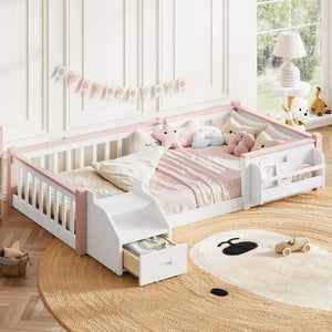 English Elm Full House Shaped Kids Loft Bed Solid Wood Frame with Cabinet Stairs and Shelves Pink,White MDF,Pine,Plywood W5305S00288