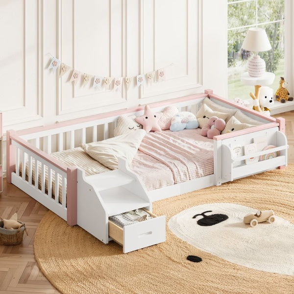 English Elm Full House Shaped Kids Loft Bed Solid Wood Frame with Cabinet Stairs and Shelves Pink,White MDF,Pine,Plywood W5305S00288