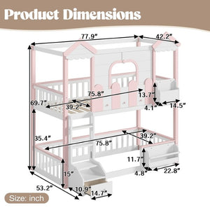 English Elm Full House Shaped Kids Loft Bed Solid Wood Frame with Cabinet Stairs and Shelves Pink,White MDF,Pine,Plywood W5305S00288