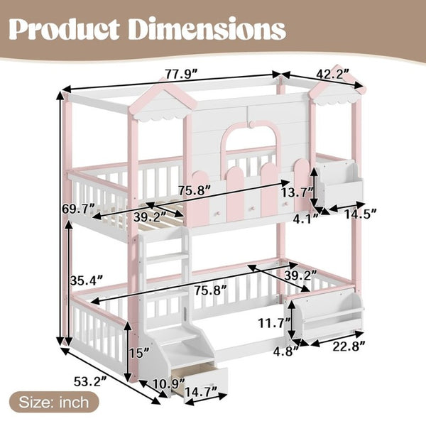 English Elm Full House Shaped Kids Loft Bed Solid Wood Frame with Cabinet Stairs and Shelves Pink,White MDF,Pine,Plywood W5305S00288