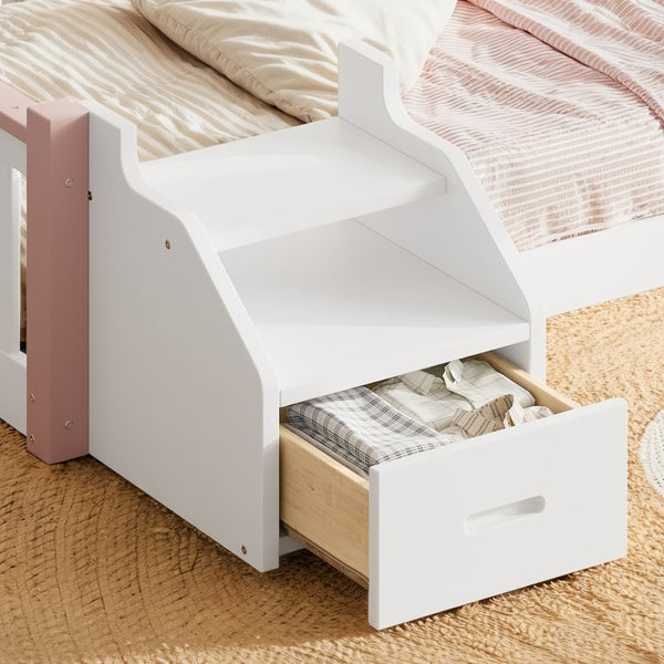 English Elm Full House Shaped Kids Loft Bed Solid Wood Frame with Cabinet Stairs and Shelves Pink,White MDF,Pine,Plywood W5305S00288