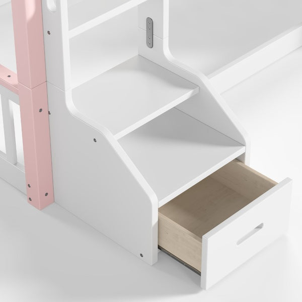 English Elm Full House Shaped Kids Loft Bed Solid Wood Frame with Cabinet Stairs and Shelves Pink,White MDF,Pine,Plywood W5305S00288