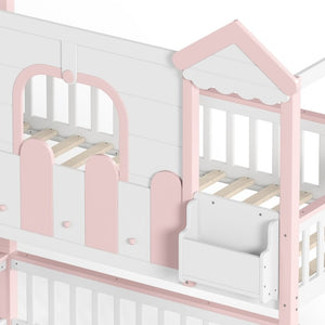 English Elm Full House Shaped Kids Loft Bed Solid Wood Frame with Cabinet Stairs and Shelves Pink,White MDF,Pine,Plywood W5305S00288