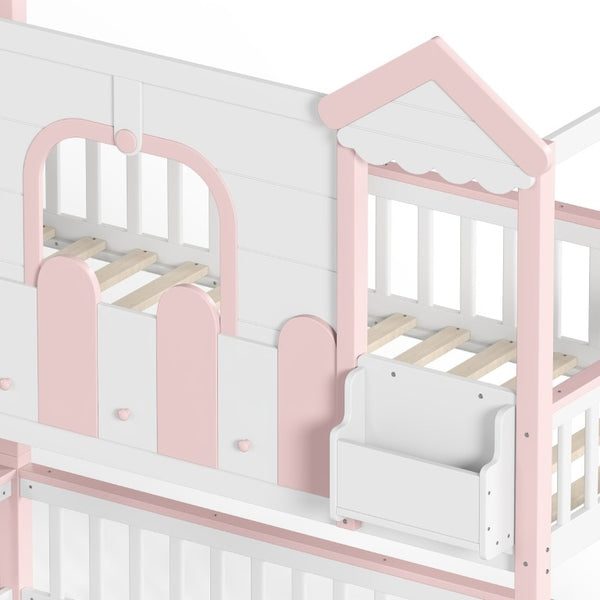 English Elm Full House Shaped Kids Loft Bed Solid Wood Frame with Cabinet Stairs and Shelves Pink,White MDF,Pine,Plywood W5305S00288