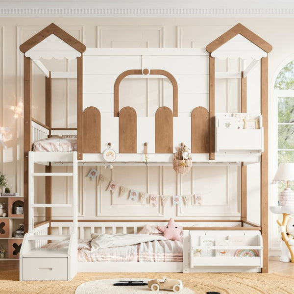 English Elm Twin Playhouse Bunk Bed with Roof Frame Bookshelf and Drawer Solid Wood Kids Room Beige, Natural MDF, Pine, Plywood W5305S00289