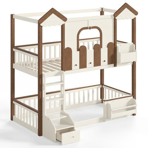 English Elm Twin Playhouse Bunk Bed with Roof Frame Bookshelf and Drawer Solid Wood Kids Room Beige, Natural MDF, Pine, Plywood W5305S00289