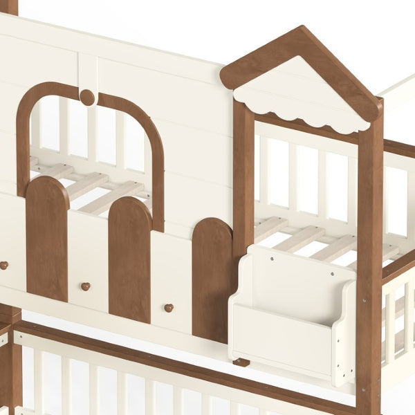 English Elm Twin Playhouse Bunk Bed with Roof Frame Bookshelf and Drawer Solid Wood Kids Room Beige, Natural MDF, Pine, Plywood W5305S00289