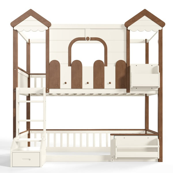 English Elm Twin Playhouse Bunk Bed with Roof Frame Bookshelf and Drawer Solid Wood Kids Room Beige, Natural MDF, Pine, Plywood W5305S00289