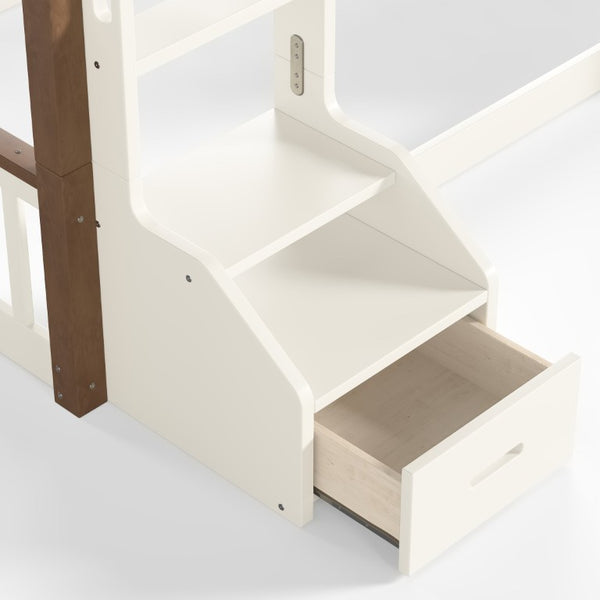English Elm Twin Playhouse Bunk Bed with Roof Frame Bookshelf and Drawer Solid Wood Kids Room Beige, Natural MDF, Pine, Plywood W5305S00289