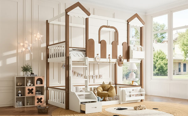 English Elm Twin Playhouse Bunk Bed with Roof Frame Bookshelf and Drawer Solid Wood Kids Room Beige, Natural MDF, Pine, Plywood W5305S00289