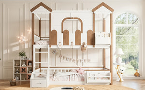 English Elm Twin Playhouse Bunk Bed with Roof Frame Bookshelf and Drawer Solid Wood Kids Room Beige, Natural MDF, Pine, Plywood W5305S00289