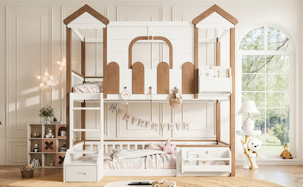 English Elm Twin Playhouse Bunk Bed with Roof Frame Bookshelf and Drawer Solid Wood Kids Room Beige, Natural MDF, Pine, Plywood W5305S00289
