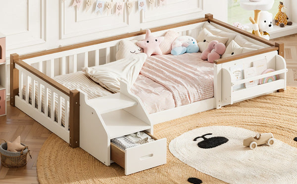English Elm Twin Playhouse Bunk Bed with Roof Frame Bookshelf and Drawer Solid Wood Kids Room Beige, Natural MDF, Pine, Plywood W5305S00289