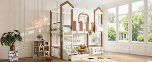 English Elm Twin Playhouse Bunk Bed with Roof Frame Bookshelf and Drawer Solid Wood Kids Room Beige, Natural MDF, Pine, Plywood W5305S00289