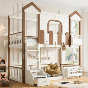 English Elm Twin Playhouse Bunk Bed with Roof Frame Bookshelf and Drawer Solid Wood Kids Room Beige, Natural MDF, Pine, Plywood W5305S00289