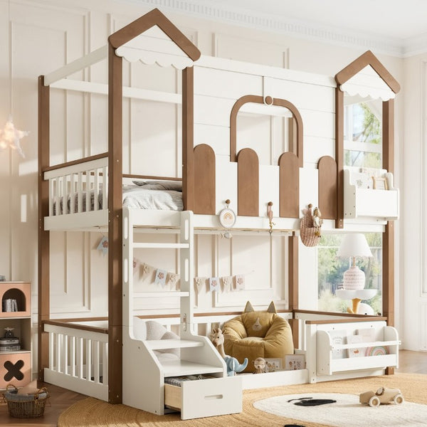 English Elm Twin Playhouse Bunk Bed with Roof Frame Bookshelf and Drawer Solid Wood Kids Room Beige, Natural MDF, Pine, Plywood W5305S00289
