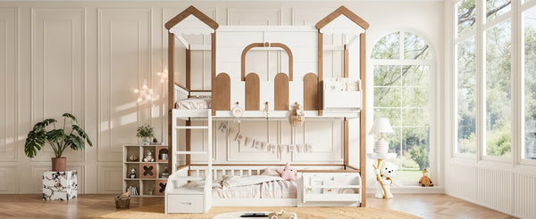 English Elm Twin Playhouse Bunk Bed with Roof Frame Bookshelf and Drawer Solid Wood Kids Room Beige, Natural MDF, Pine, Plywood W5305S00289
