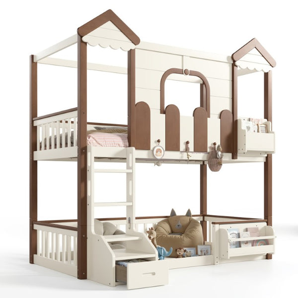 English Elm Twin Playhouse Bunk Bed with Roof Frame Bookshelf and Drawer Solid Wood Kids Room Beige, Natural MDF, Pine, Plywood W5305S00289