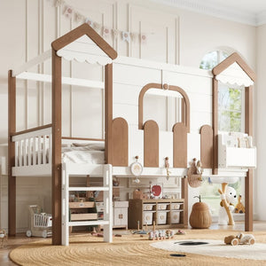 English Elm Twin Playhouse Bunk Bed with Roof Frame Bookshelf and Drawer Solid Wood Kids Room Beige, Natural MDF, Pine, Plywood W5305S00289